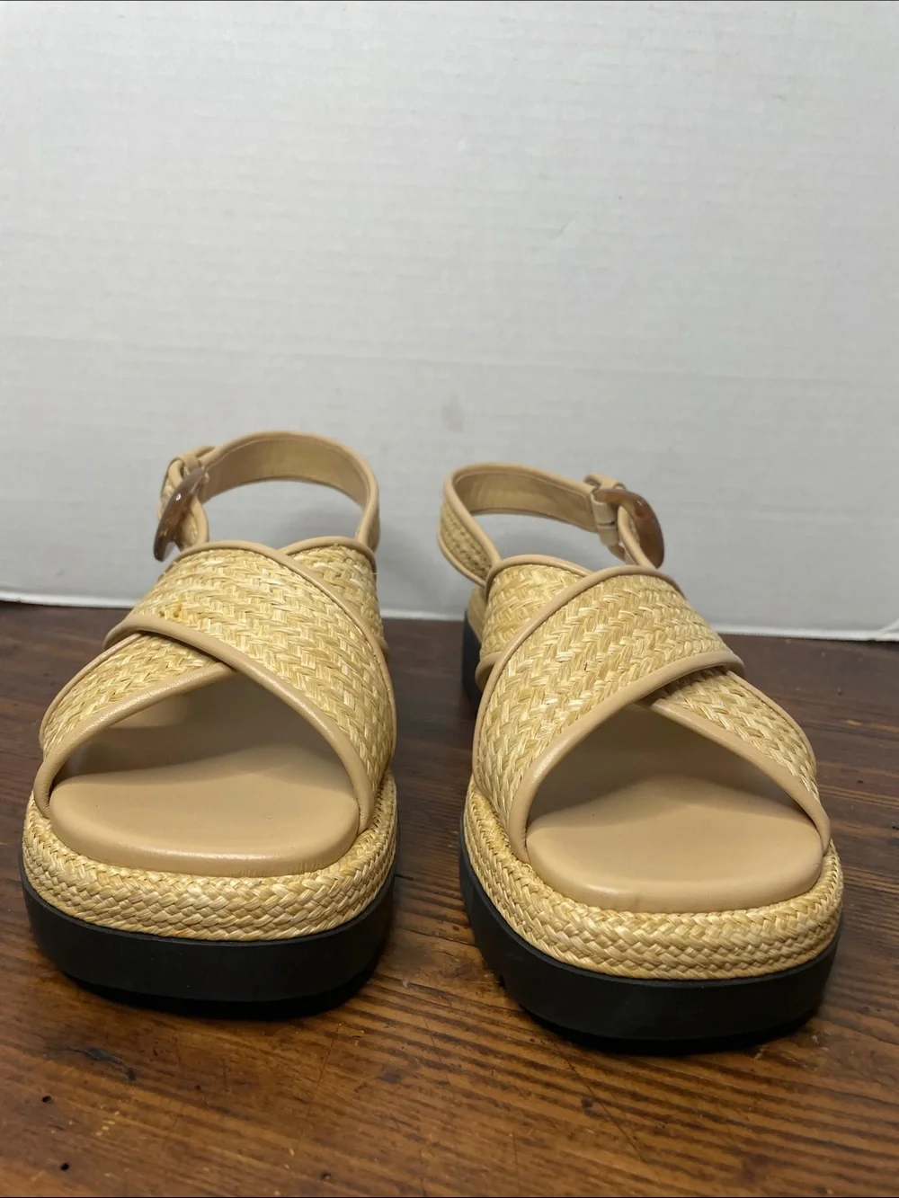 Vince Beige Woven Raffia Slingback Sandals with Black Lug Sole